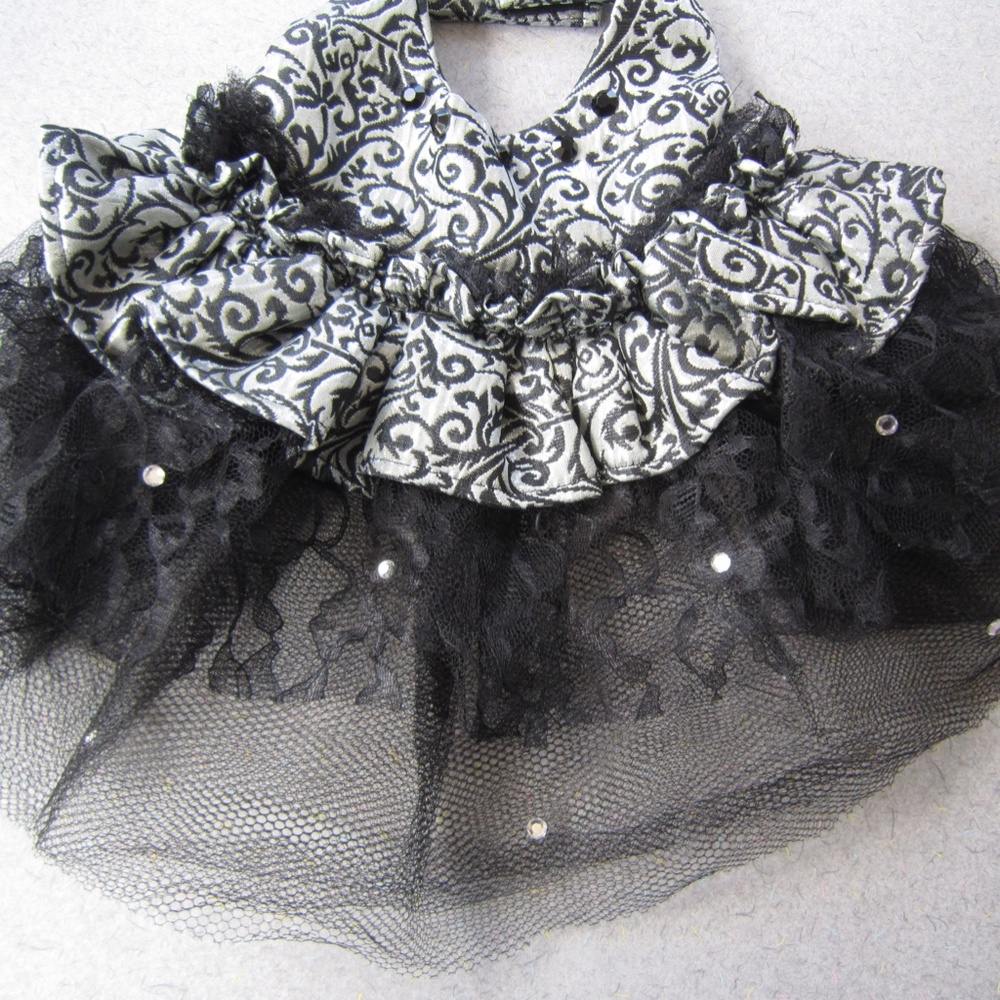 Couture Dog Dress Black Tulle and Sequence, Brocade Halter Top Medium
